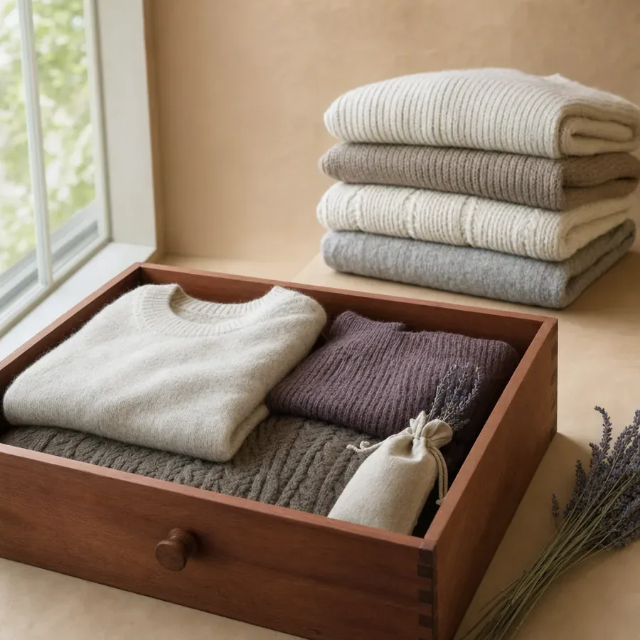 Folded knitwear stored in a cedar drawer with lavender sachets