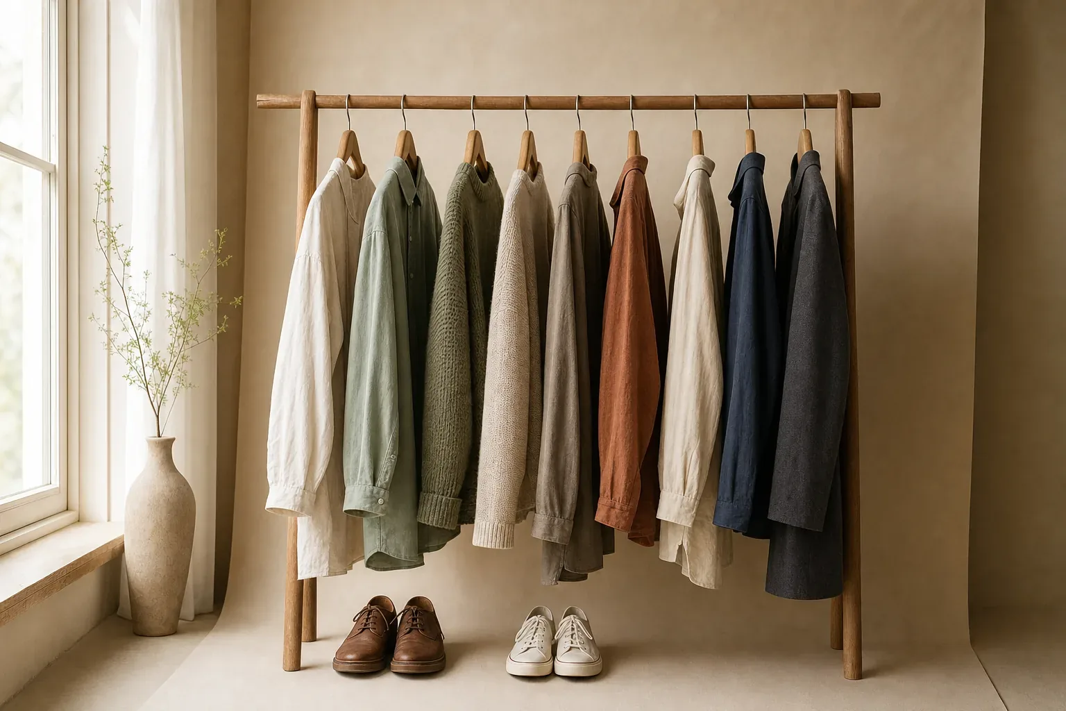A short wooden rail holding ten muted garments with two pairs of shoes