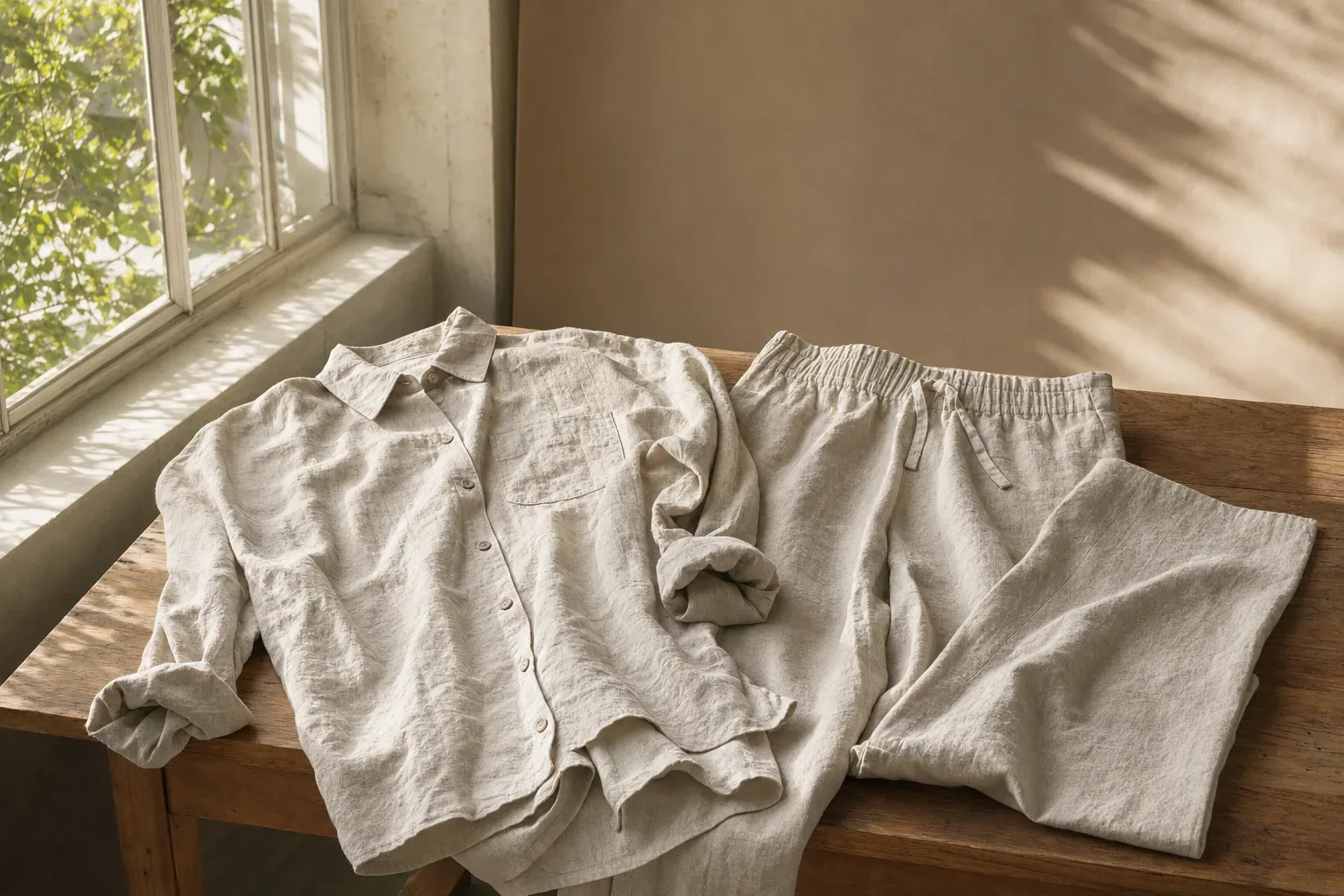Crumpled natural linen shirts and trousers on a sunlit table