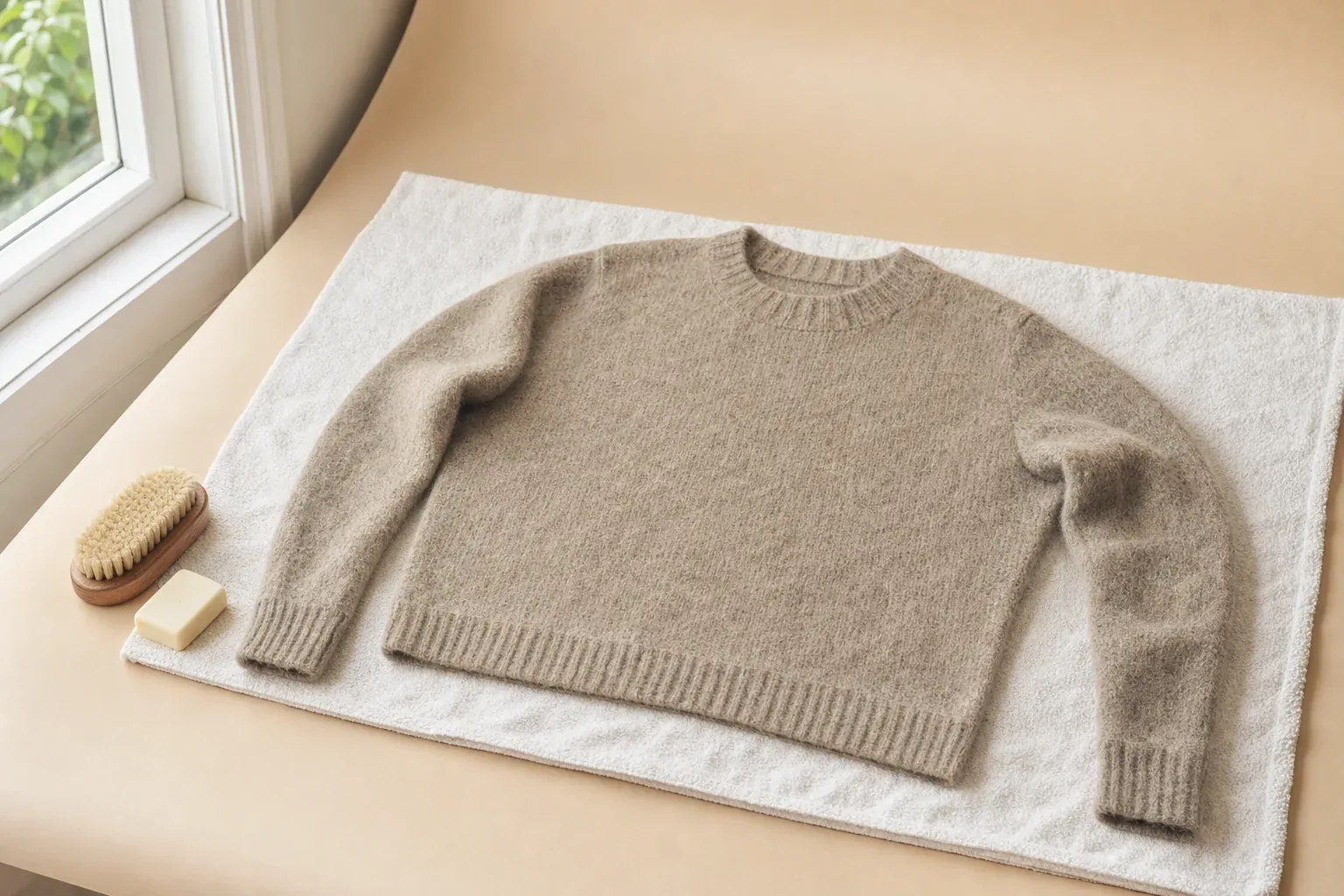 A wool sweater drying flat on a towel beside a wooden brush