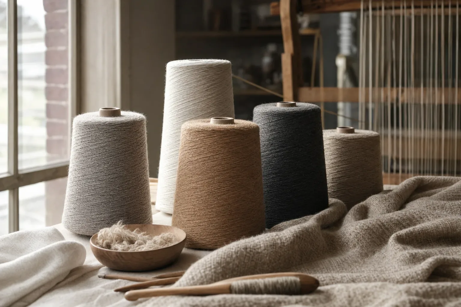 Wool yarn on cones in a small weaving mill