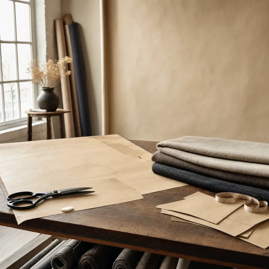 A tailor's cutting table with paper patterns, chalk and folded wool cloth